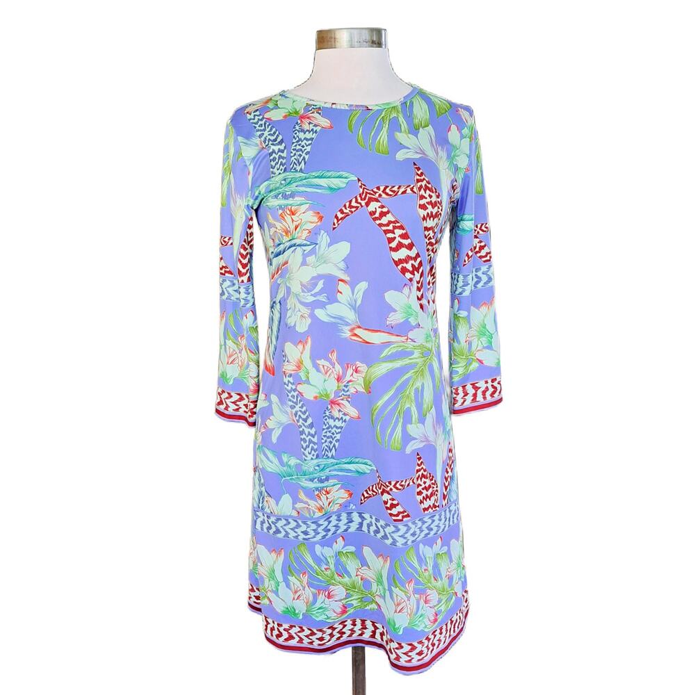 Jean-Peirre Klifa Paris Tropical Floral Print Dress  Small 3/4 Sleeve Blue